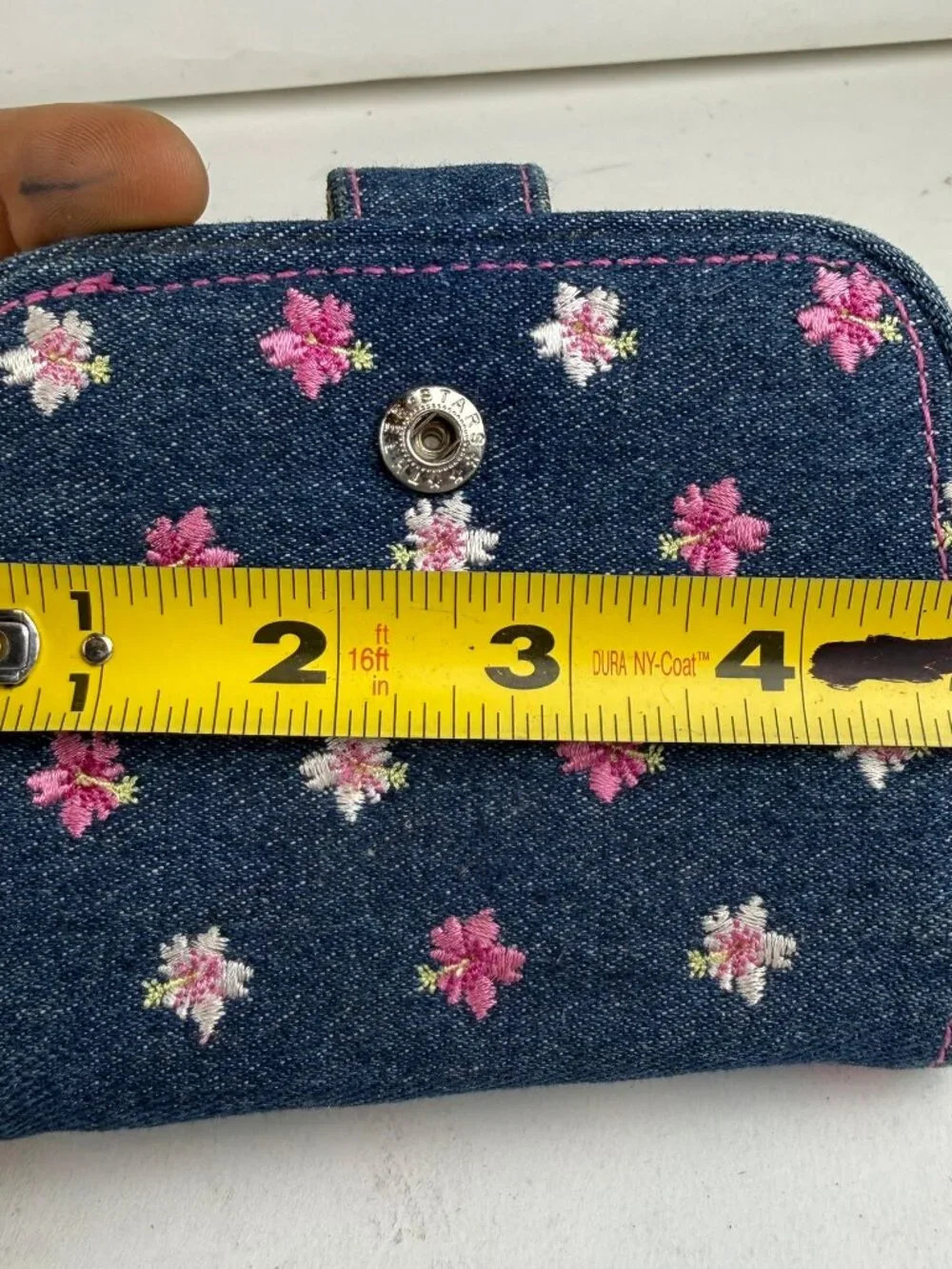 Sunny Hawaii Blue Denim Floral Embroidered Snap Zip Bifold Wallet Sun Charm
